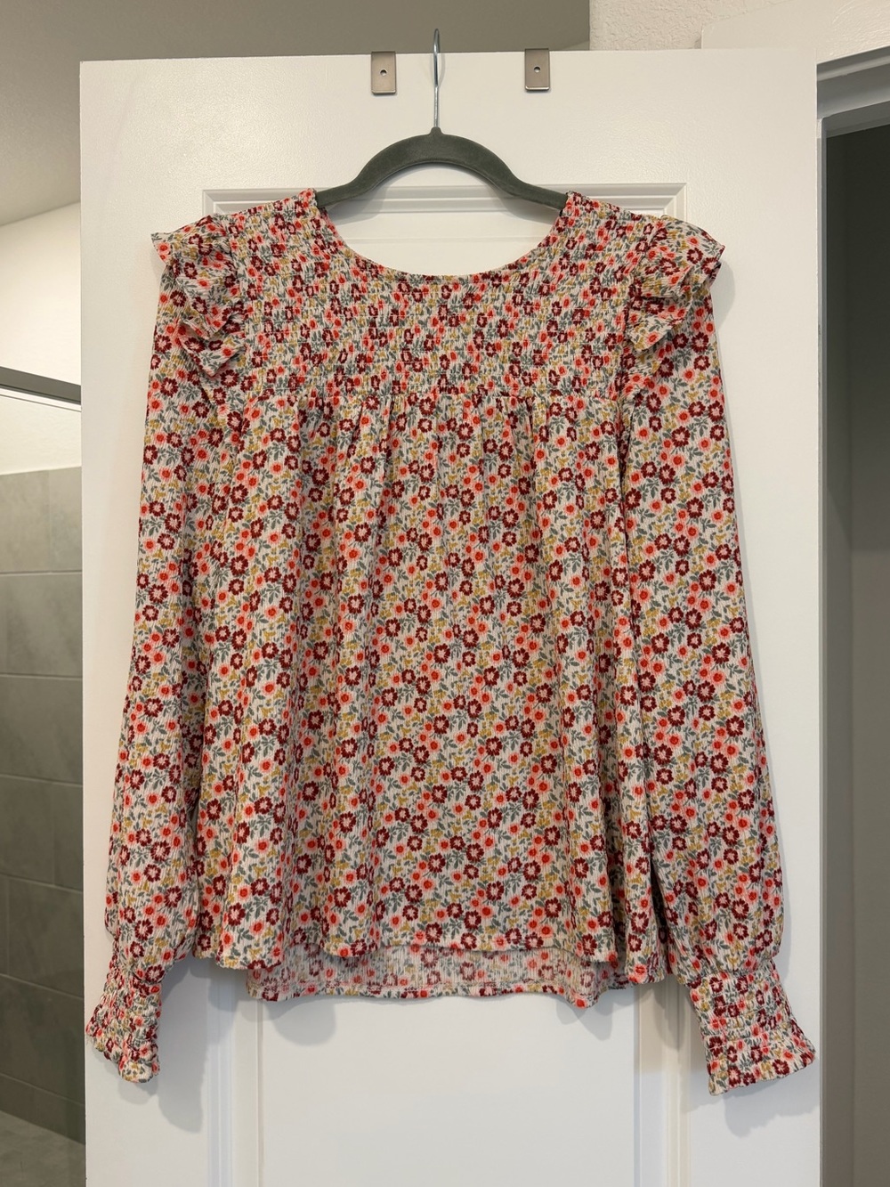 LOFT Red Multi Floral Ruffle Long-Sleeve Blouse